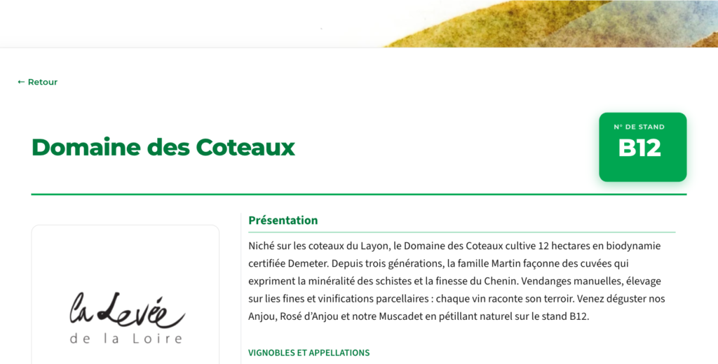 La fiche détaillée d'un exposant : présentation, appellations, contact